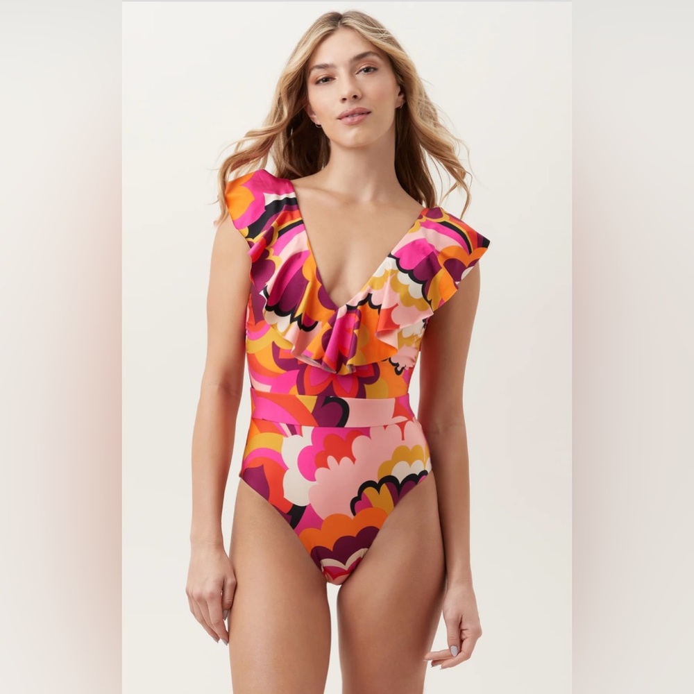 Trina Turk Women’s Fan Faire Ruffle Plunge One Piece Swimsuit Size 6